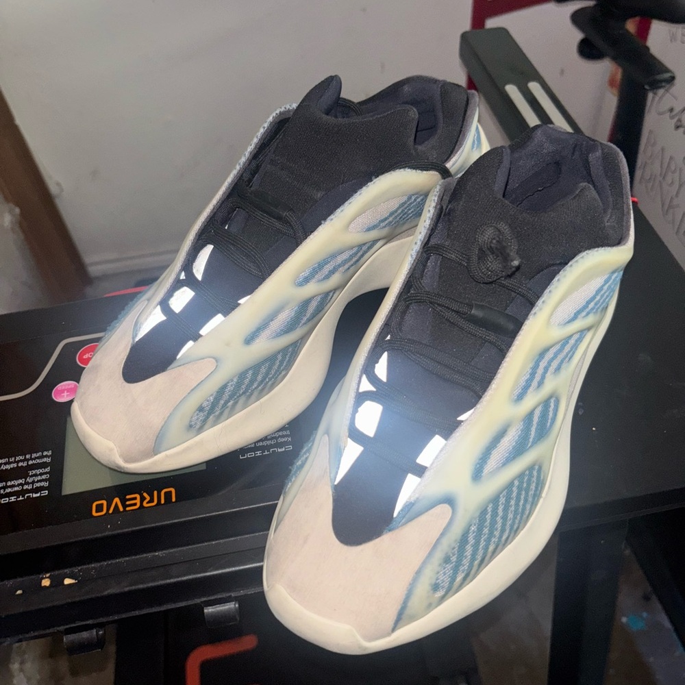 Yeezy Sneakers in Black, Cream, and Blue